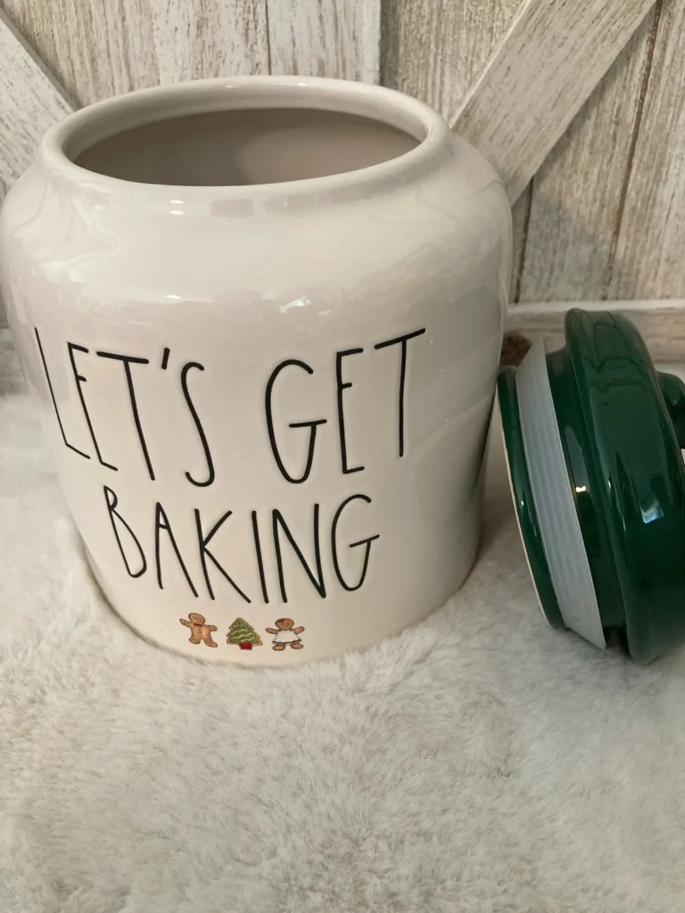 Rae Dunn 'Let's Get Baking' Ceramic Jar with Dark Green Lid